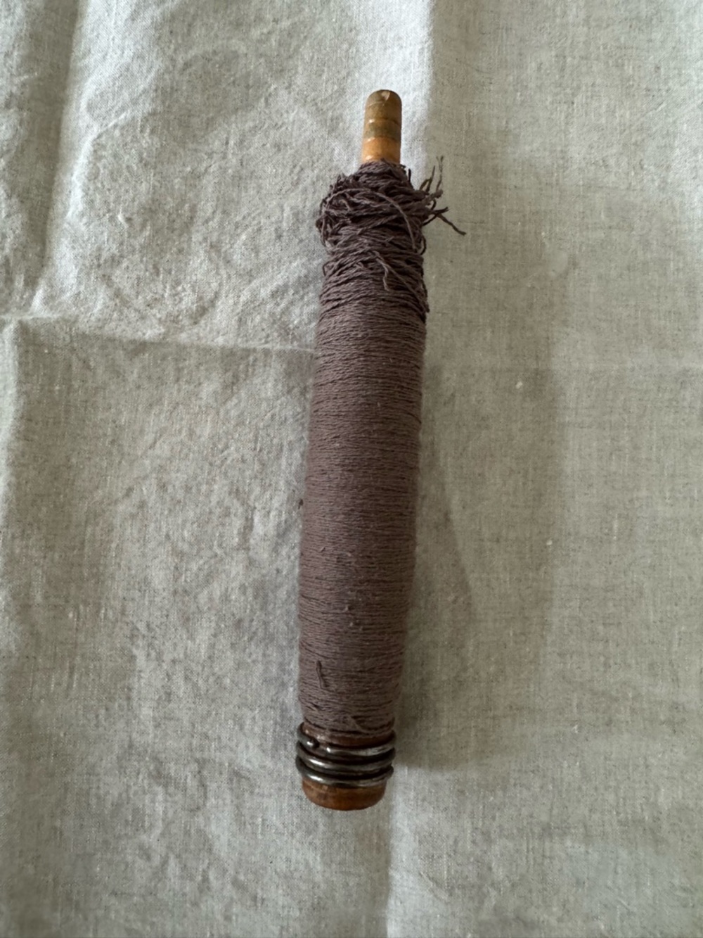 Vintage Wooden Thread Spool Wrapped in Dark Brown Thread